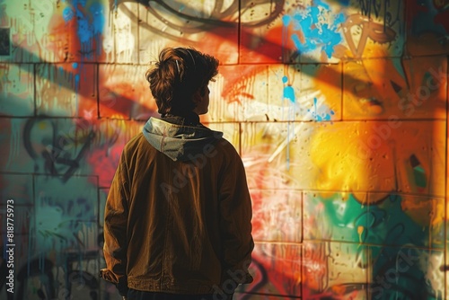 Teen street artist near a wall with graffiti