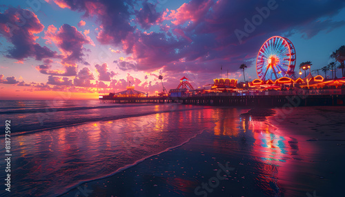 View of fairground rides on the beach pier, with stars in the sky and sunrise, summer concept vacation concept holidays photo
