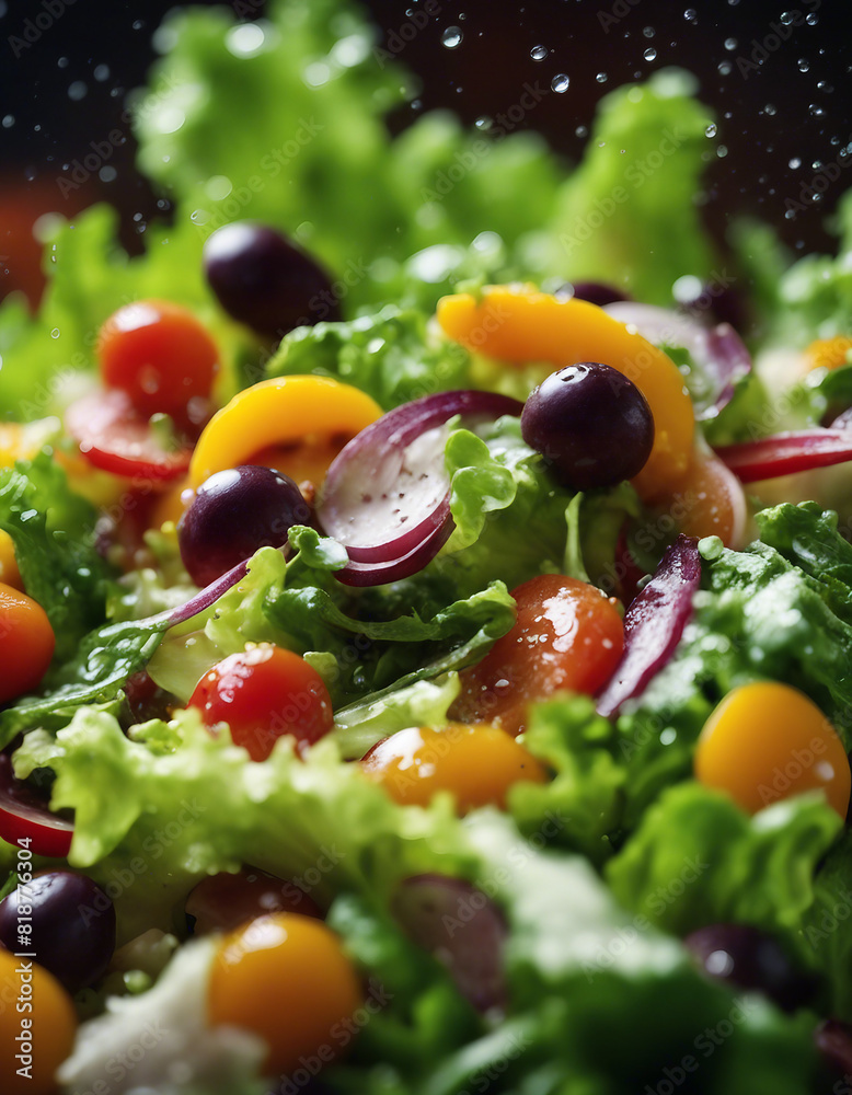 Fresh garden salad close-up, water droplets on lettuce and bright vegetables celebrating freshness
