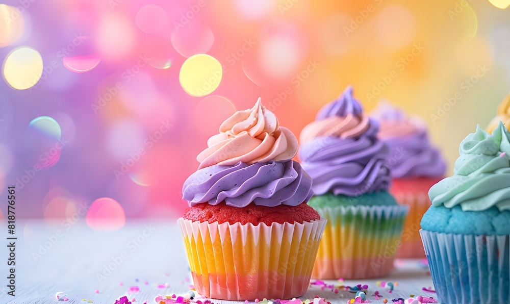 bright rainbow color delicious caupcakes on a pastel bokeh background, Generative AI bright rainbow color delicious caupcakes on a pastel bokeh background, Generative AI