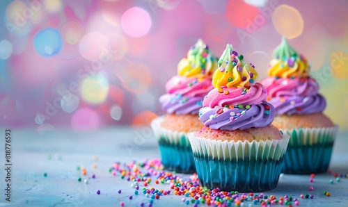 bright rainbow color delicious caupcakes on a pastel bokeh background, Generative AI photo