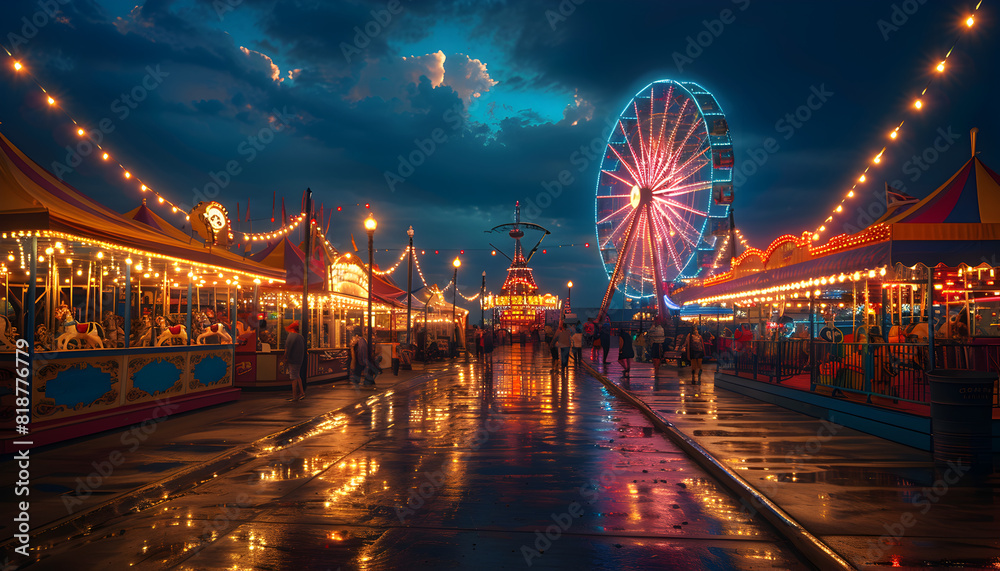 Obraz premium View of fairground rides on the beach pier, with stars in the sky and sunrise, summer concept vacation concept holidays