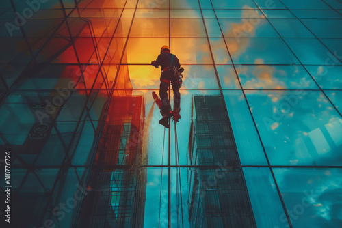Industrial mountaineering worker washing glass facade business building photo