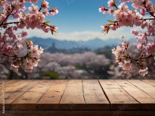 Podium Background for Product Display. Empty Wooden Table Top for Product Display Showcase Stage with Spring Cherry Blossom Background