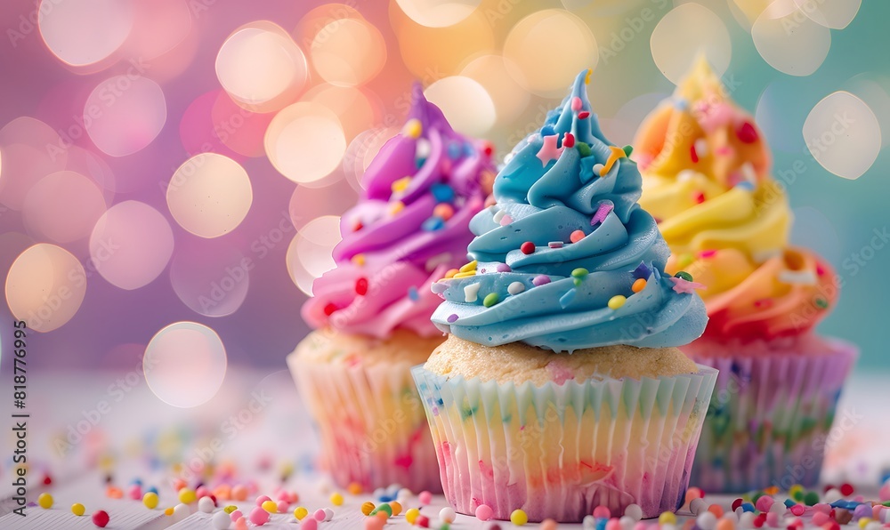 bright rainbow color delicious caupcakes on a pastel bokeh background, Generative AI bright rainbow color delicious caupcakes on a pastel bokeh background, Generative AI