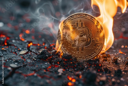 Bitcoin gold coin BTC burning in fire