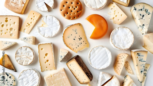 Traditional French cheese platter seen from above on white background photo