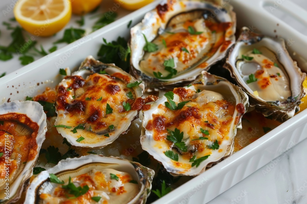 Fresh oysters with sauce on a plate in a restaurant Fresh oysters with sauce on a plate in a restaurant