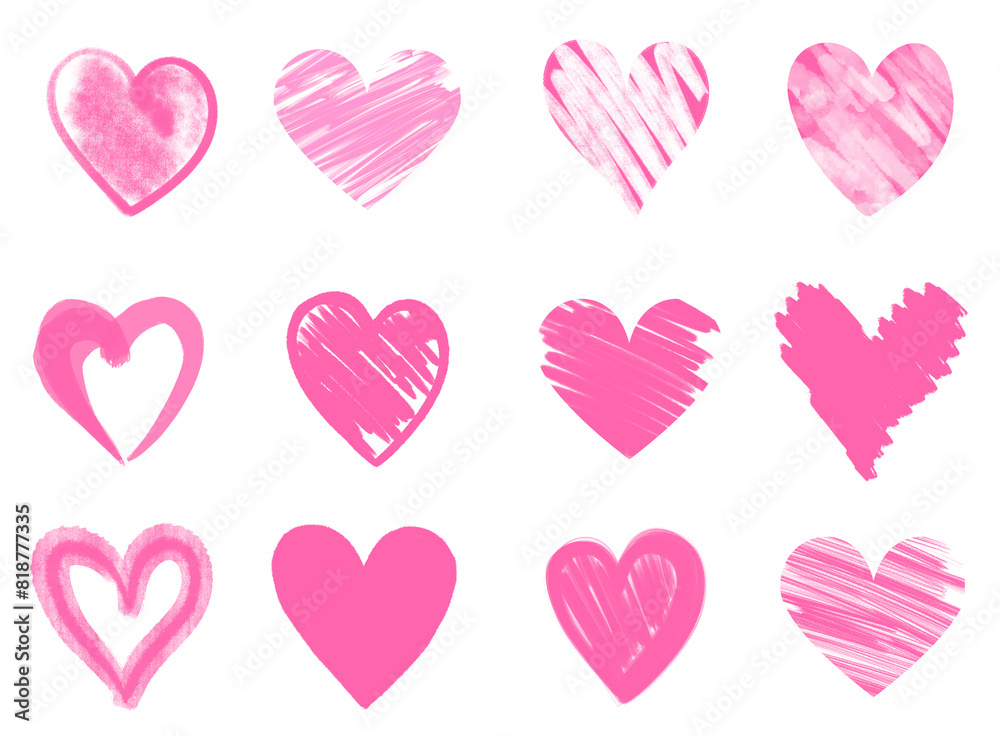 Set of different pink hearts on white background