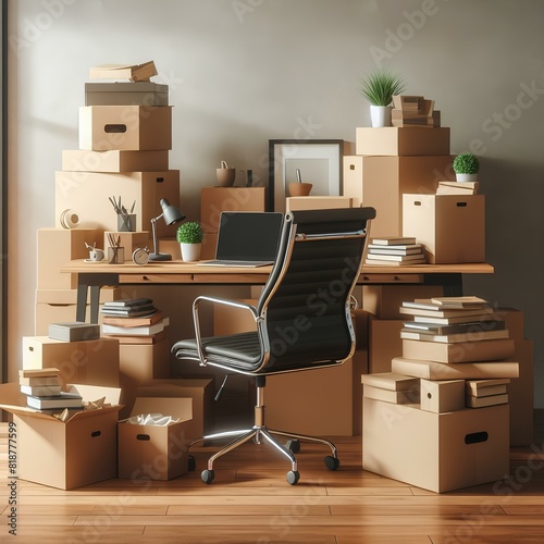 Stack of cardboard boxes with stuff, table desk and office chair in empty office room. © R-CHUN