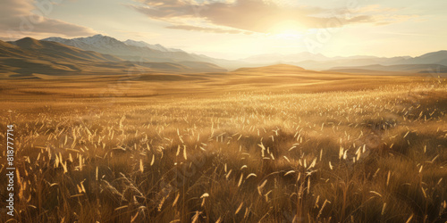 A beautiful view of the golden grasslands offers a high-resolution, high-detail photo with film grain effect, cinematic light and shadows, and volumetric lighting. photo
