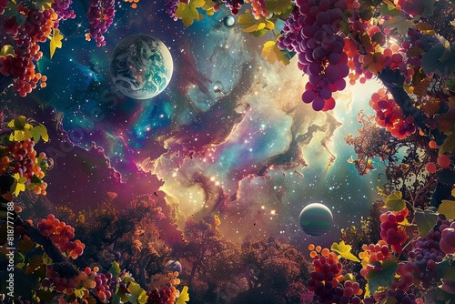 celestial garden in the depths of space, where colorful nebulae bloom like flowers and planets hang like ripe fruit from celestial vines photo