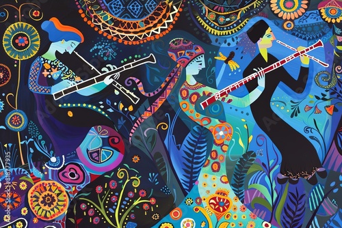 Klezmer Music: Festive, intricate patterns and rich, cultural colors illustrating the lively and traditional Jewish melodies, with abstract clarinets and dancing figures