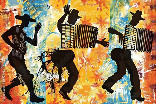 Zydeco Music: Spirited, lively lines and colorful, cultural patterns illustrating the energetic and accordion-heavy Creole tunes, with abstract washboards and dancing feet. photo