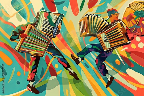 Zydeco Music: Spirited, lively lines and colorful, cultural patterns illustrating the energetic and accordion-heavy Creole tunes, with abstract washboards and dancing feet. photo