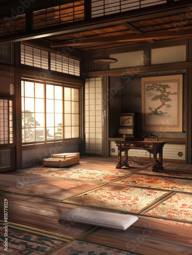 A traditional room with tatami mats, wooden walls, and an old desk in the center has a dark and mysterious atmosphere, with soft lighting highlighting intricate details.
