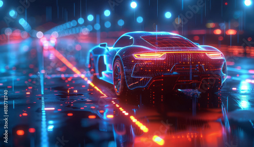 A vehicle rendered in blue neon light is centered against a background of glowing lines and grid patterns, its headlights shining brightly. © Duka Mer
