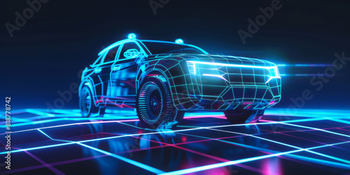 A car rendered in blue neon light is positioned on a grid pattern, its headlights glowing brightly against a dark backdrop.