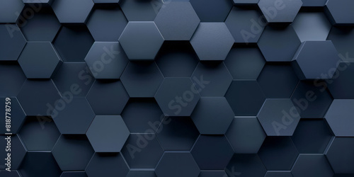 A dark blue backdrop features an abstract honeycomb pattern in shades of gray and silver, giving it a futuristic feel.
