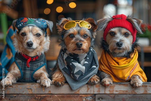 Three small dogs wearing bandanas and hats