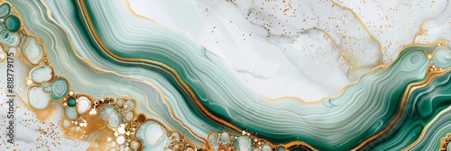 A marble texture, surrounded by golden lines, features a jade green and gold color scheme on a white background.