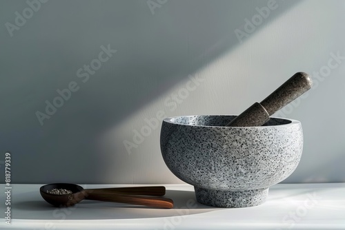 culinary elegance minimalist stone mortar pestle product still life sophisticated kitchen utensils tools objects  photo