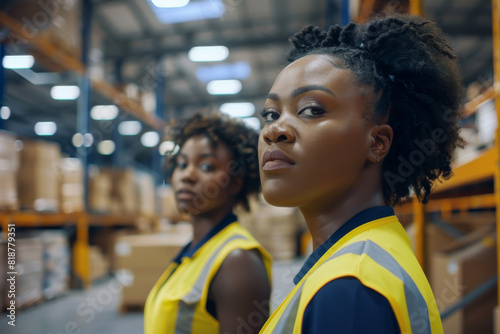 Two women wearing safety vests stand in a warehouse. One of them is looking at the camera