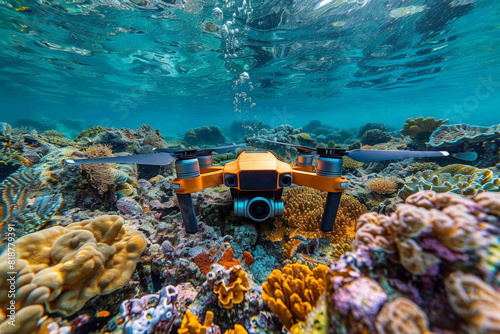 Underwater drone capturing camera on coral reef photo