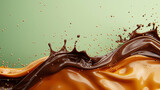 Vibrant close-up of chocolate and caramel splashes merging together against a light green background, showcasing delightful textures and colors.