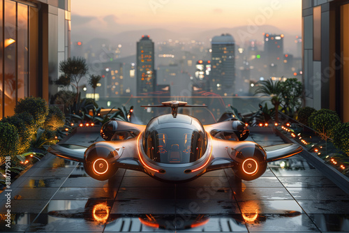 Futuristic flying vehicle in city night