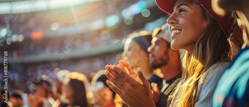 Fans cheer and clap enthusiastically in a sunlit stadium, creating a vibrant and energetic atmosphere during a sports event. photo