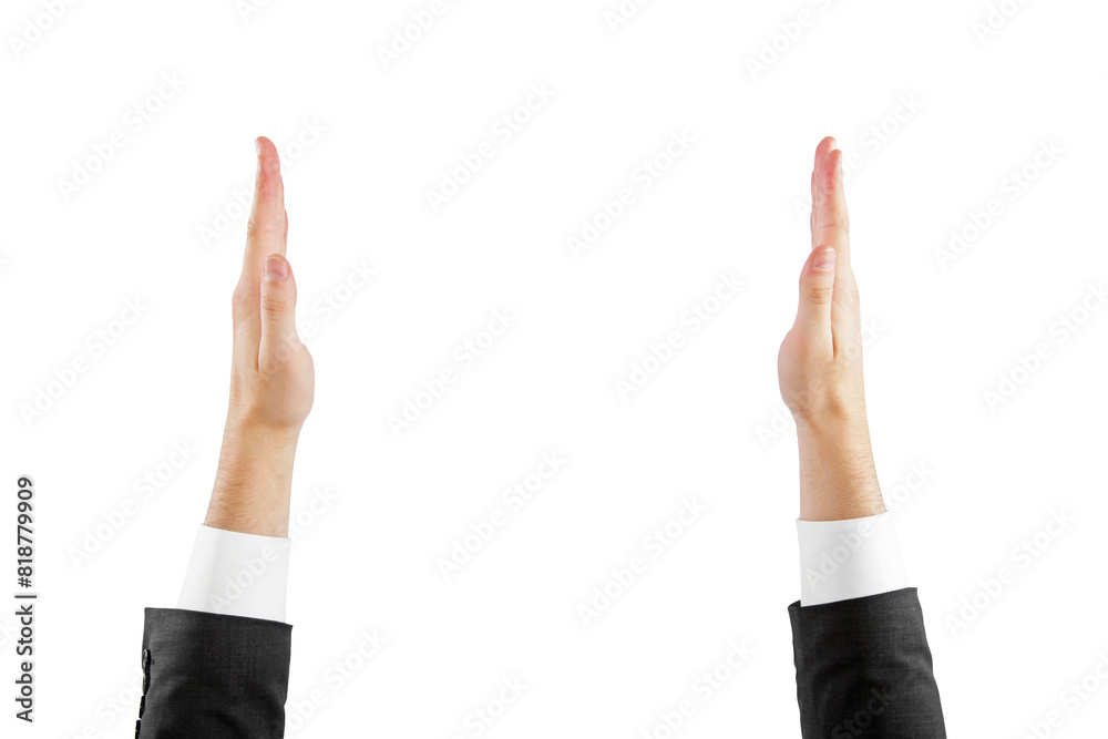 Two hands raised up with open palms against a white background, depicting a concept of refusal or stop