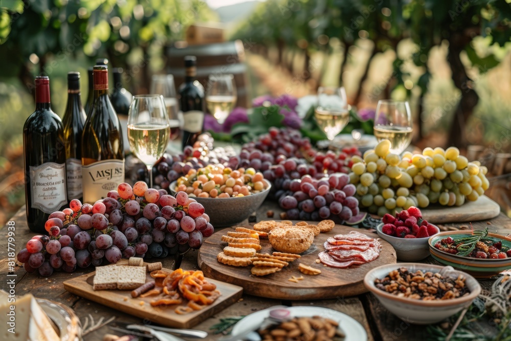 Table laden with wine, cheese, and crackers Table laden with wine, cheese, and crackers