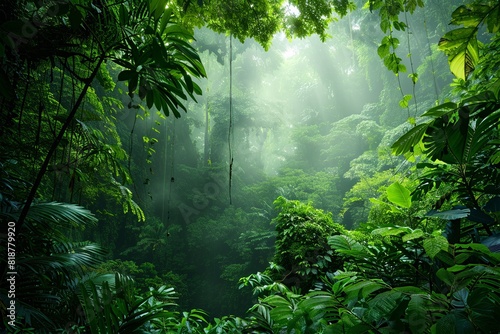 Lush  vibrant tropical rainforest teeming with diverse foliage and bathed in ethereal sunlight streaming through the dense canopy.