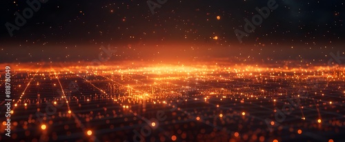 A futuristic digital landscape with glowing data streams representing the global internet network  dark sky background  glowing orange lights in the foreground  wide shot
