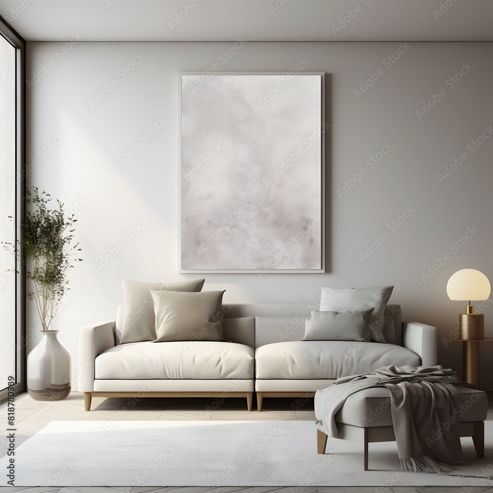 Fototapeta premium Minimalist living room interior design with a picture frame. Generative AI.