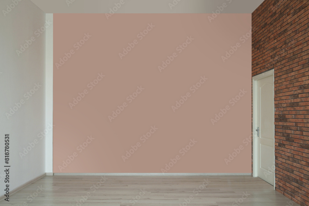 Fototapeta premium Empty room with different walls, white door and laminated floor
