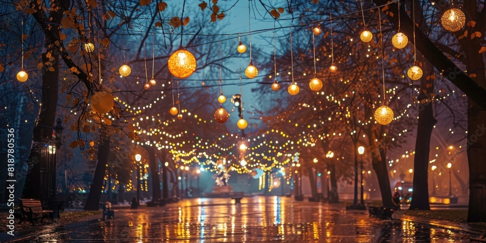  A city park adorned with decorative lights in the rain.