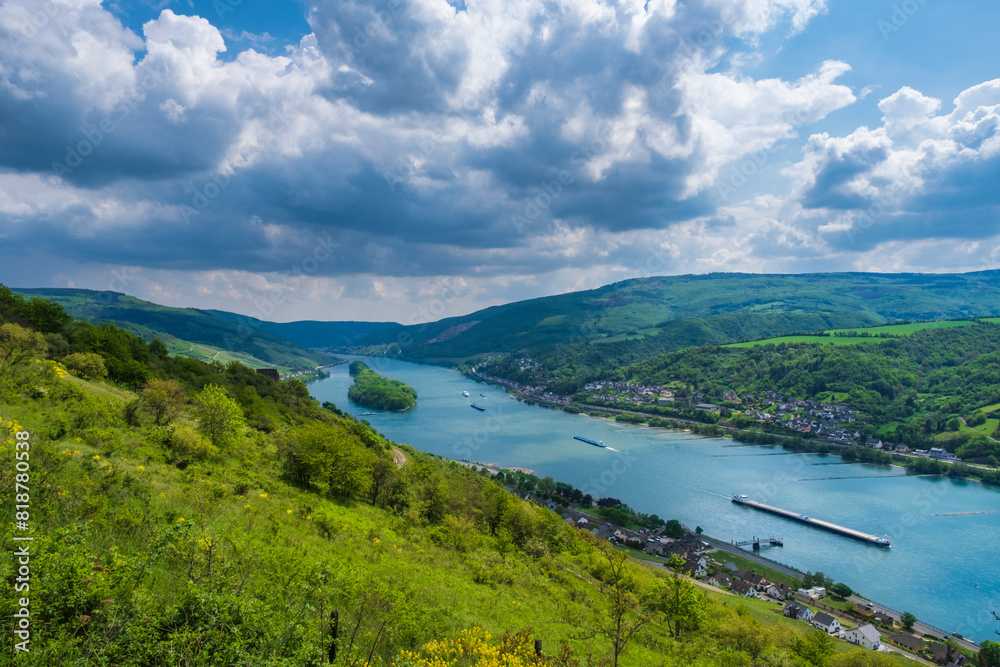 View from a hiking trail in the Rheingau Mountains near Lorch down into the Rhine Valley on a sunny spring day