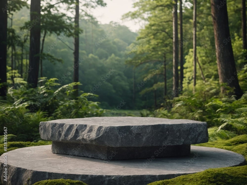 Podium Background for Product Display in Green Nature 3D Forest with White Plant. Cosmetic Background Product Podium Display in Wood Jungle Studio Garden, Beauty Platform Presentation Mockup 