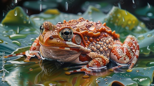 A frog is sitting on a leaf with water droplets on it photo