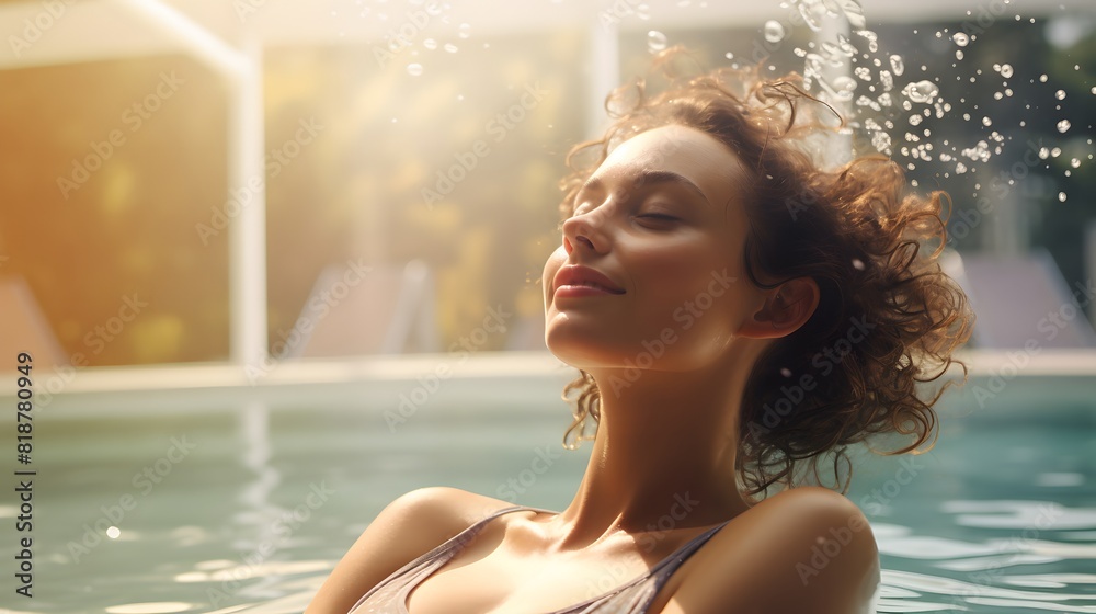 Beautiful woman smiles and floats in the pool on a sunny day. Generative AI.