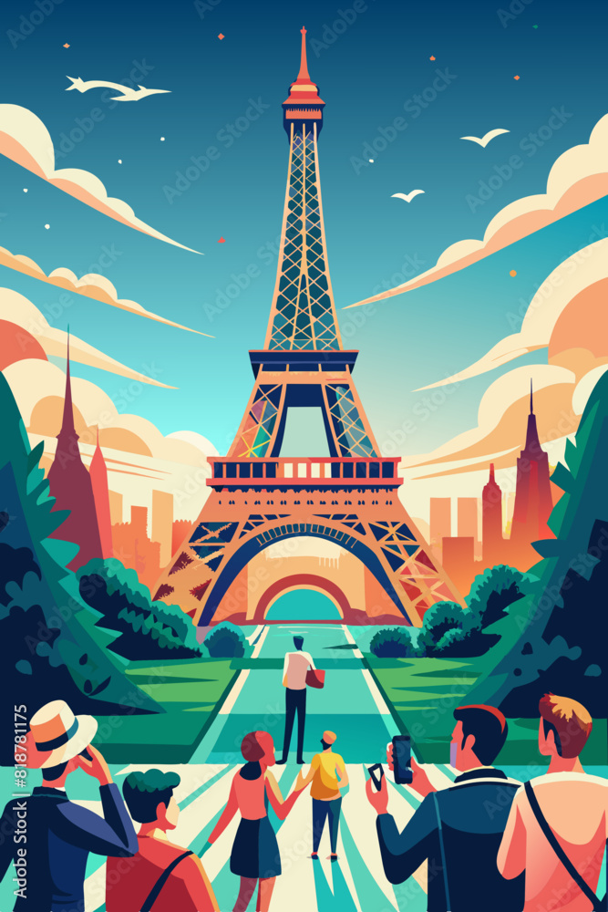 Vibrant Parisian Day as Tourists Enjoy the Eiffel Tower View