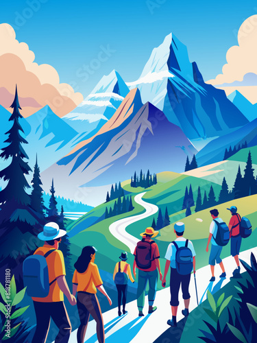 Hiking Adventure in Scenic Mountain Landscape with Group of Friends