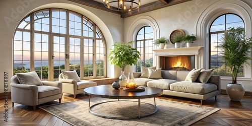 The interior design of a trendy living room in calm colour with a round coffee table near fireplace against arch window. Mediterranean style. Luxury house, high ceilings, natural parquet, view windows