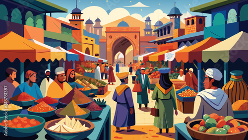 Bustling Market Scene in an Oriental Souk at Dusk
