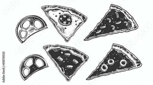 Four of monochrome logotypes with pizza slices and white photo