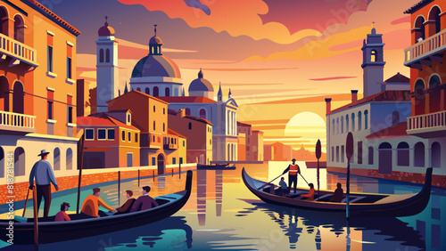 Sunset Gondola Ride in Venetian Canal with Picturesque View
