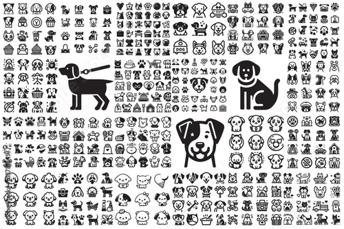 social network concept, isolated black silhouette of a cute dog, collection icon set, vector