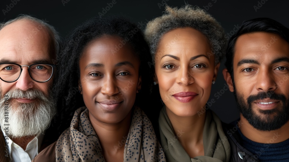 A group of diverse individuals standing next to each other against a black background A group of diverse individuals standing next to each other against a black background